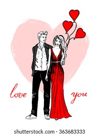Couple, man and woman with balloons in shape of heart. Love You. Hand drawing sketch