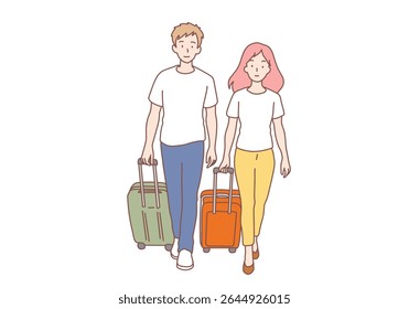 Casal homem mulher namorado namorada viajantes turistas caminhar com bagagem juntos. Viaje para o exterior em férias aventura estilo de vida de verão recreação. Design de vetor de estilo desenhado à mão