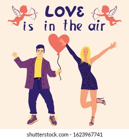 Couple of man and woman, cartoon characters. Dancing young people in love. Happy Valentine's Day card concept. Isolated vector illustration.