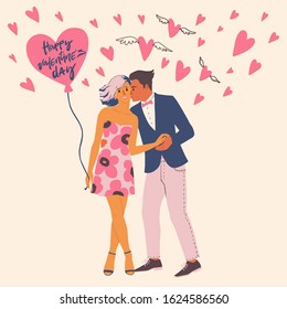 Couple of man and woman, cartoon characters. Adorable young people in love. Happy Valentine's Day card concept. Isolated vector illustration.