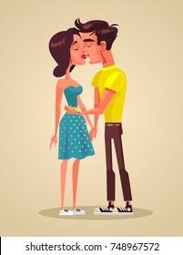 Couple man and woman character kissing. Vector flat cartoon illustration