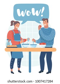 Couple man and woman characters preparing food together. Amazing! Wow lettering. Vector flat cartoon illustration. Funny happy human characters.