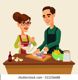 Couple man and woman characters preparing food together. Vector flat cartoon illustration