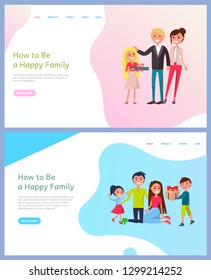Couple man and woman with children exchanging gifts vector. Website father and mother praising daughter for good present on holiday, parents and kids. Webpage template landing page in flat