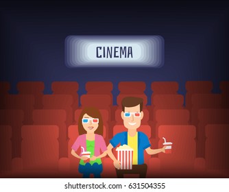 couple man and woman in cinema theater watching 3d movie