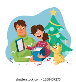 A couple man and woman in cozy sweaters open a Christmas present. Cute cat and Christmas tree. Cartoon illustration isolated on white background.