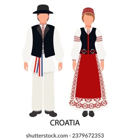 Un par de hombres y una mujer con trajes folclóricos croatas. Cultura y tradiciones de Croacia. Ilustración, vector