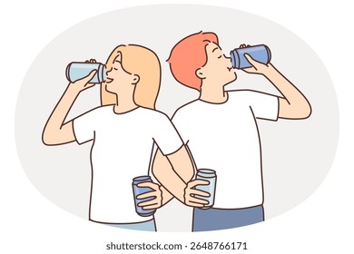 Couple of man and woman cross their arms drinking soda competing in speed of using soft drink. Cheerful young Caucasian friends having cool time drinking beer or alcoholic drink from spirit