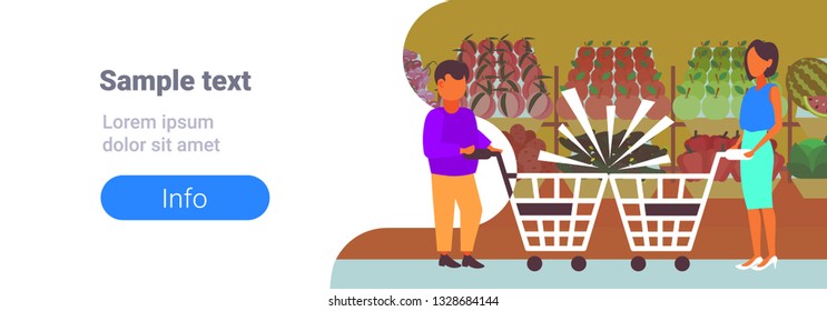 couple man woman customers with crashed shopping trolley carts big grocery shop supermarket equipment buyers collision accident concept full length horizontal banner copy space