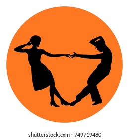 Couple man and woman dancing lindy hop, tango, salsa, bachata, vintage dance, black silhouettes, international tango day vector sign, icon, ads, promo banner illustration