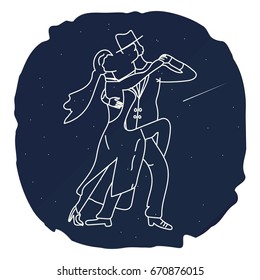 Couple man and woman dancing tango in the night sky. Star, comet, dance silhouette. Flat. The Image Vector. T-shirt with a print. Poster.