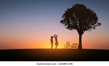 couple man and woman dancing under trees with sunset sky background