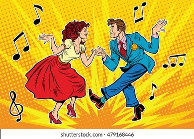 couple man and woman dancing, vintage dance, pop art retro comic book illustration