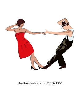 Couple man and woman dancing, vintage dance, pop art retro comic book illustration