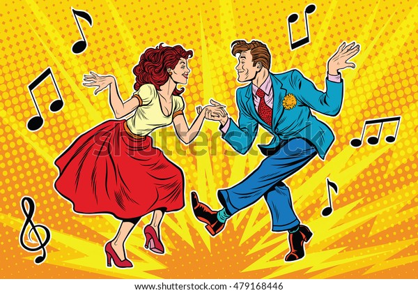 couple man and woman dancing, vintage dance,\
pop art retro comic book\
illustration