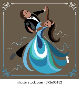 Couple (man and woman), dancing the waltz. Suitable for invitation, flyer, sticker, poster, banner, card,label, cover, web. Vector illustration.