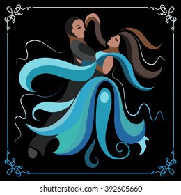 Couple (man and woman), dancing the waltz. Suitable for invitation, flyer, sticker, poster, banner, card,label, cover, web. Vector illustration.