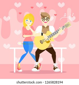 couple man and woman dating and playing guitar in pink background,valentine's day concept,flat cartoon character design vector illustration