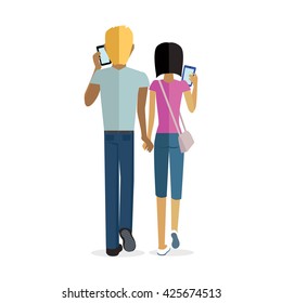 Couple man and woman design flat. Boy and girl are together holding hands and looking at their phones are isolated on a white background. Social internet addiction disorder. Vector illustration