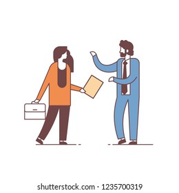 couple man woman discussing on business meeting colleagues communication concept male female cartoon character full length isolated