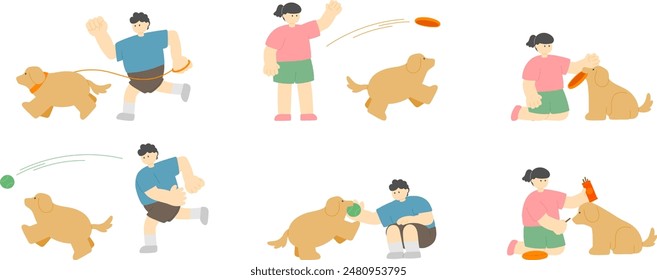 Couple Man and woman with dog jogging and playing frisbee and ball outside. lifestyle and recreation in park. flat cartoon design minimal vector illustration isolated on white background