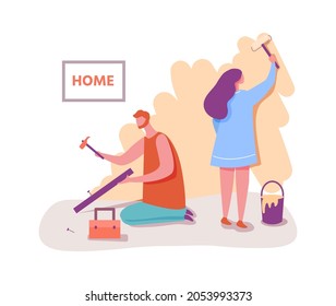 Couple man and woman doing renovation in flat. Vector repair wall interior, apartment painting renovation, couple indoor work together illustration