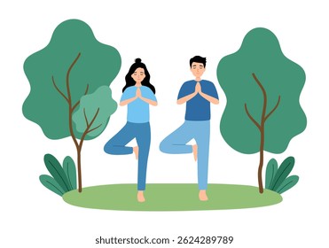 Couple man and woman doing yoga balance exercises in summer park.