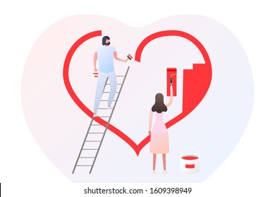 couple man and woman draw and paint red heart on wall, stock vector illustration clip art in flat style