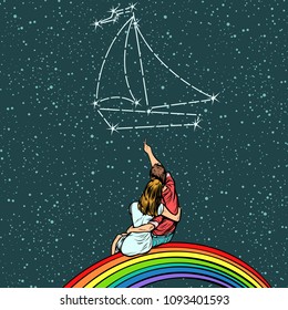 Couple man and woman dream of a yacht cruise. Pop art retro comics cartoon vector illustration kitsch drawing