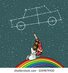 Couple man and woman dreaming of a car. Pop art retro comics cartoon vector illustration kitsch drawing