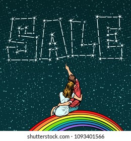 Couple man and woman dreaming of a sale. Pop art retro comics cartoon vector illustration kitsch drawing