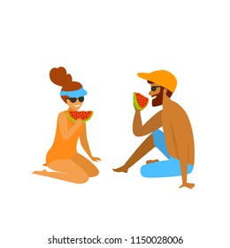 couple, man and woman eating watermelon on the beach  isolated vector illustration scene