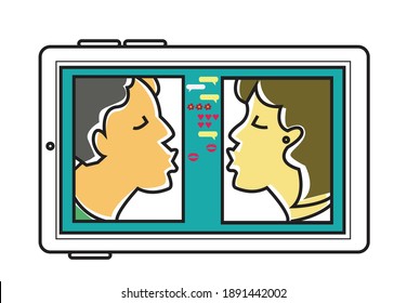 A couple man and woman exchange kisses via a video call on a tablet or touchscreen phone. Editable clip art.