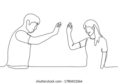 couple (man and woman) are facing each other, they reach out to give five to each other, the boy and the girl are smiling. One continuous line art people give five, for animation