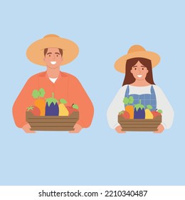 Couple of man and woman farmers with harvest.  Vector illustration