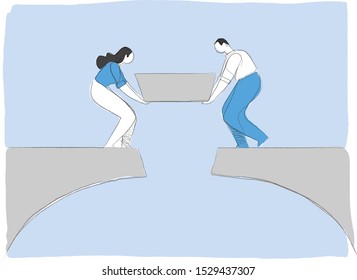 A couple of man and woman is finishing to build a bridge putting the last piece. Building happy positive relationship in a family concept. Connect the two sides of the bridge. Vector illustration