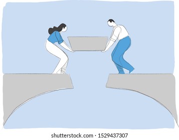 Un par de hombres y mujeres están terminando de construir un puente para poner la última pieza. Construir una relación positiva feliz en un concepto familiar. Conecte los dos lados del puente. Ilustración del vector