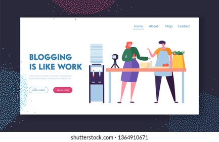 Couple of Man and Woman Food Video Bloggers Recording Post for Followers. Blogging as Profession Concept. Male and Female Characters Prepare New Culinary Recipe Landing Page. Flat Vector Illustration