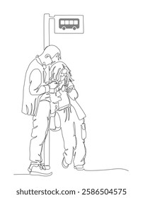 Couple man and woman in glasses standing and using phones at bus stop. Continuous line drawing. Vector illustration in line art style.