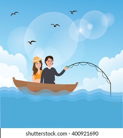 couple man woman go fishing on boat together romance romantic moment outdoor activities in water