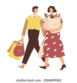 Couple man and woman goes from supermarket. Family Makes purchase, shopping, daily routine. Goods, packages, products. Isolated on white background. Vector illustration. Flat style. 