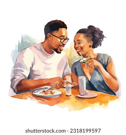 couple, man and woman having dinner together in watercolor illustration