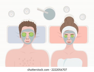 Couple, Man and a woman having face mask in spa salon. Self care, self acceptance, love yourself, narcissism concept. 