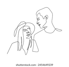 A couple man and a woman having a good moment chit-chat staring at each other continuous line art vector assets