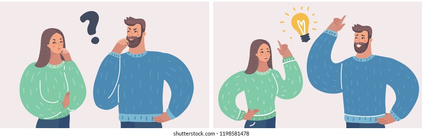 Couple of man and woman having a question. Husband and wife deal the problem using their imagination. They having an idea with light bulb over their head. Vector cartoon illustration in modern concept