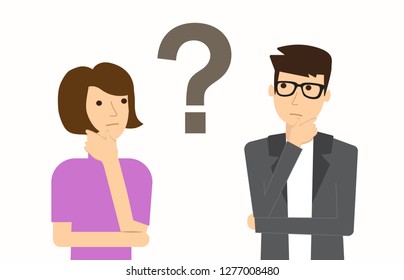 Couple of man and woman having a question. Thinking. Vector illustration