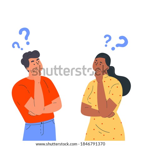 Couple of man and woman having a question. Male and female characters standing in thoughtful pose holding chin and question marks above their head. Quarrel, doubts or interest in relationship. Vector Zdjęcia stock © 