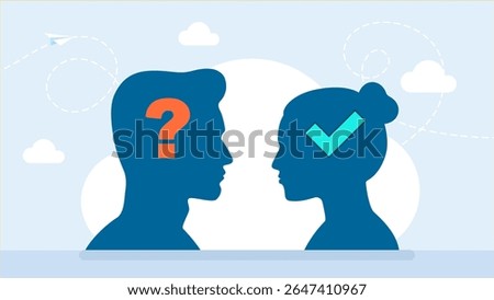 Couple of man and woman having a question. Man and woman with question mark and check mark. A man asks a question, a woman answers. Quarrel, doubts or interest in relationship. Vector illustration
