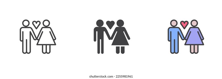 Couple, man and woman with heart different style icon set. Line, glyph and filled outline colorful version, outline and filled vector sign. Symbol, logo illustration. Vector graphics