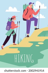 Couple man and woman are hiking in mountains. Young family together climbing on rock. Vector poster for advertise outdoor travel, adventure and tourism on nature.